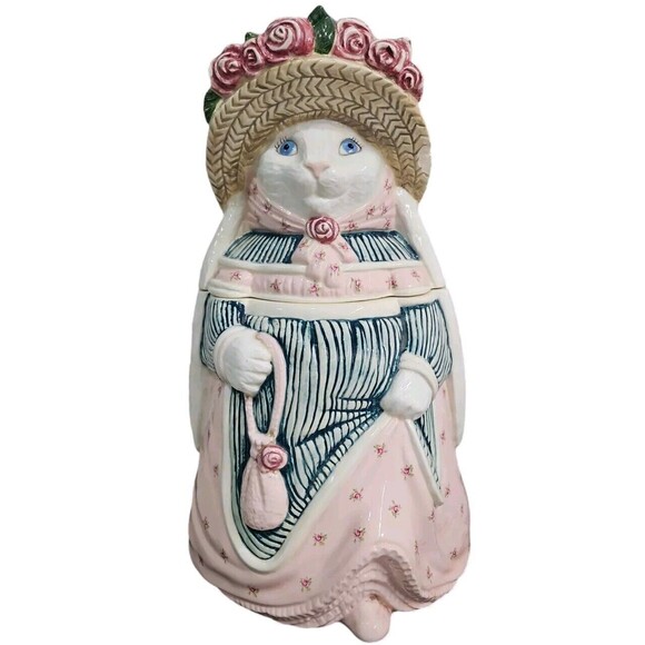 Vintage Cottagecore Rabbit In Rose Print Dress & Hat Cookie Jar Pink Blue READ